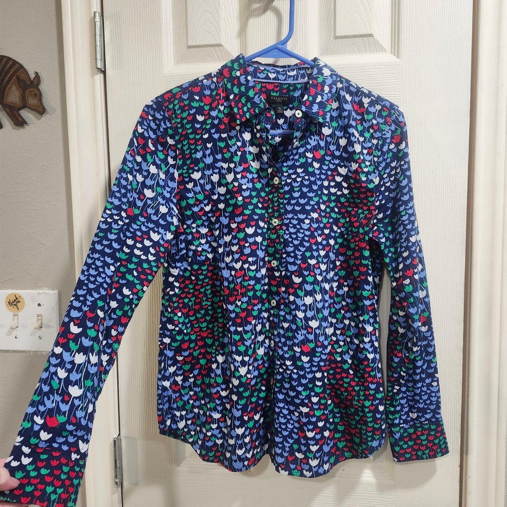 Talbots Petites Navy Blue Tulip Print Cotton Dobby Button Down Shirt SP Small